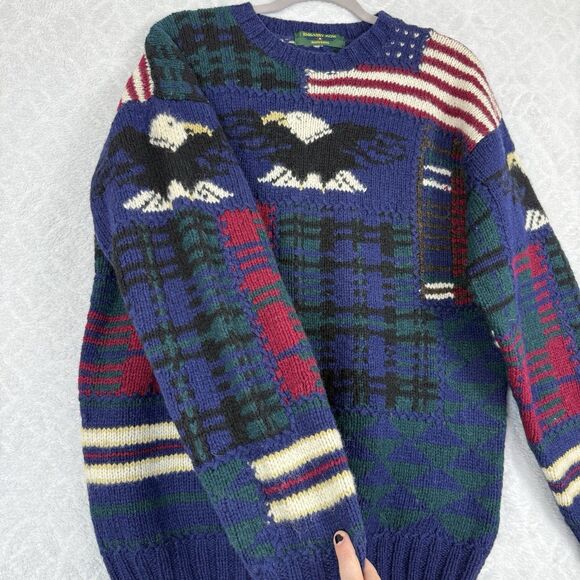 Vtg Hand Knit 100% Wool Crewneck Sweater Mens M USA American Flag Eagle Preppy - Picture 3 of 9